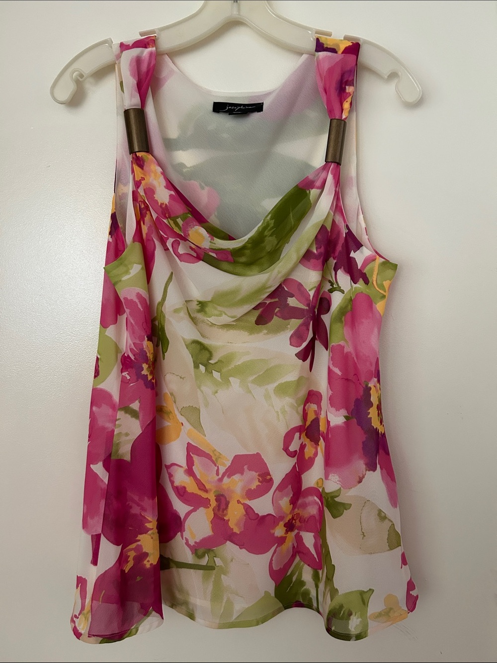 Floral Cowl Neck Camisole with Metal Strap Accents - Pink & Green